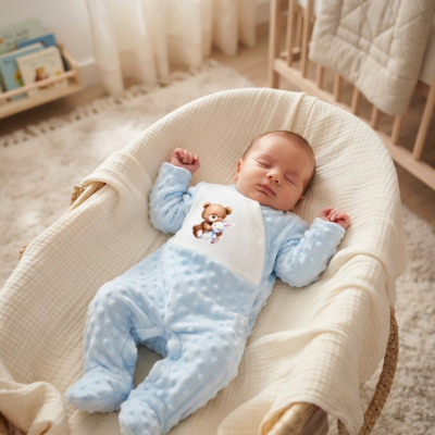 Bebé a dormir vestido com macacão azul claro com ursinho e coelhinho, numa cama de verga e tecido creme.