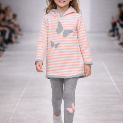 Menina a andar numa passadeira vestindo túnica rosa às riscas com borboletas cinzentas e leggings cinzentas com borboleta rosa.