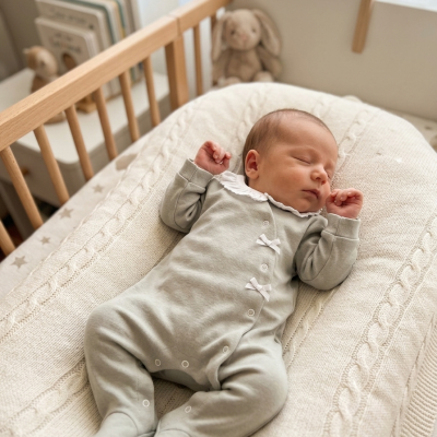 Bebé a dormir num fato de corpo cinzento sobre mantinha creme numa cama de grades