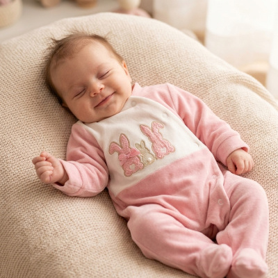 Bebé a dormir num macacão rosa e branco com coelhinhos bordados, deitado numa almofada bege.