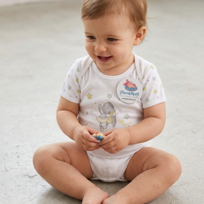 Bebé sentado a usar body branco estampado com estrelas e desenho de rato bailarina e etiqueta Pirralhos.