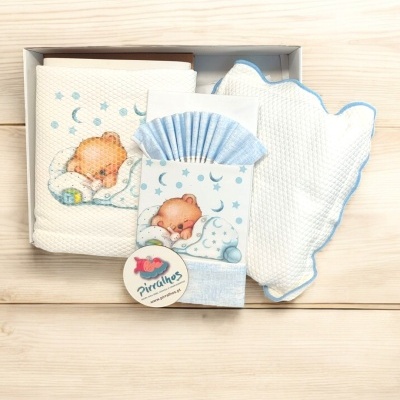 Conjunto de toalhas de bebé branco e azul com urso adormecido embalado numa caixa branca