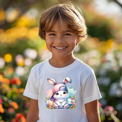 Camiseta branca com estampa de coelho e ovos de Páscoa em ambiente exterior