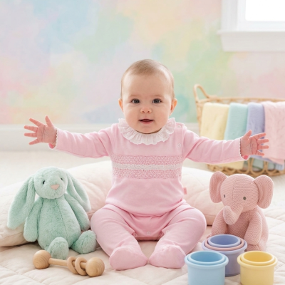 Bebé com macacão cor-de-rosa sentada em colchonete rodeada por brinquedos coloridos.