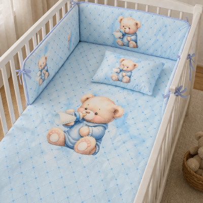 Berço branco com roupa de cama azul claro decorada com ursos a beberem biberão