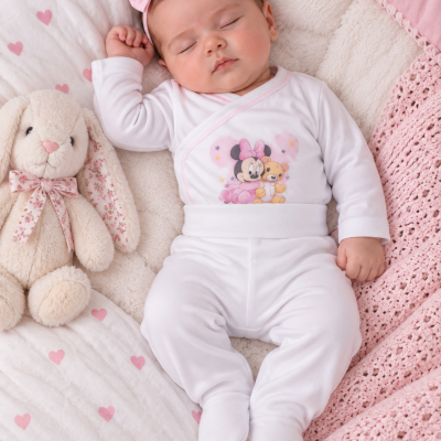 Bebé dormindo com pijama branco e faixa de cabelo cor-de-rosa ao lado de peluche de coelho branco numa cama com cobertor cor-de-rosa