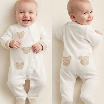 Bebé com fato branco e aplicações de cabeça de urso castanhas