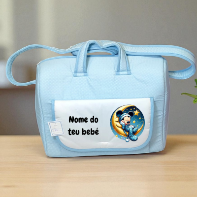 Mala de bebé azul clara com bolso branco e imagem de Mickey Mouse na lua