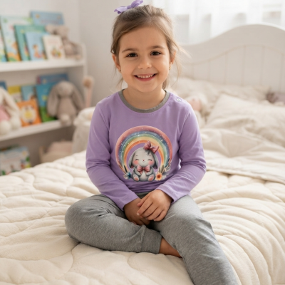 Criança a usar pijama lilás com coelho e arco-íris, calças cinzentas, sentada em cama creme num quarto infantil