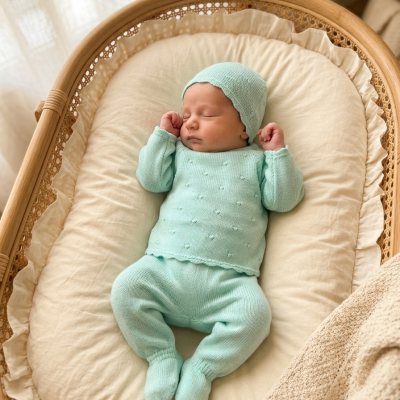 Bebé deitado com roupa de malha azul claro numa almofada branca com folhos numa cama de verga