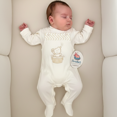 Bebé deitado com fato de corpo branco e almofada creme