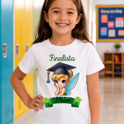 Camisola branca com estampa de fada e texto Finalista, usada por menina sorridente em escola.