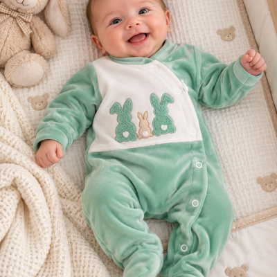 Bebé sorridente deitado em colchão branco com macacão verde e branco com coelhinhos em relevo