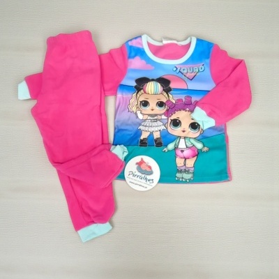 Conjunto roupa criança camisola manga comprida com bonecas e calças rosa