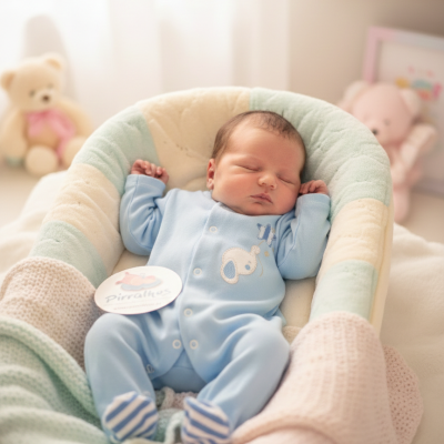 Bebé dormindo numa almofada macia azul e creme com fatos azul claro e manta rosa de malha