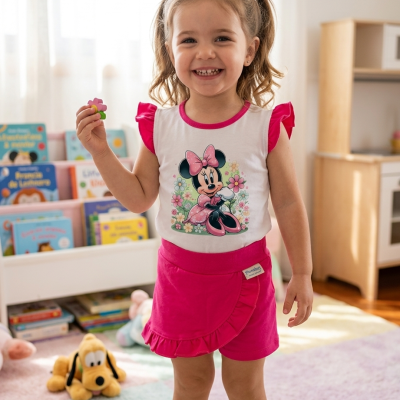 Vestido infantil branco e rosa com estampa da Minnie Mouse e saia rosa com babados.
