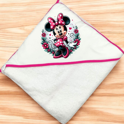 Toalha de banho branca com capuz e estampado da Minnie Mouse em rosa