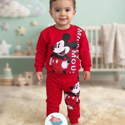 Conjunto vermelho de roupa infantil com estampa do Mickey Mouse e texto MICKEY MOUSE.