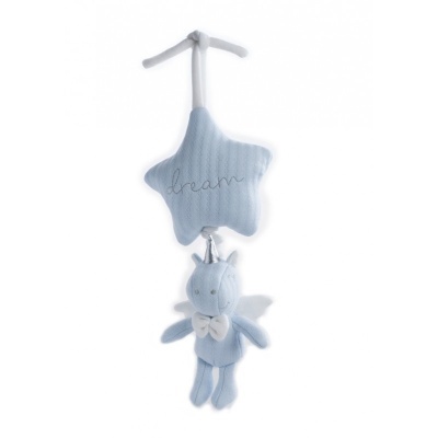 Móbile infantil com estrela azul e anjo de peluche azul