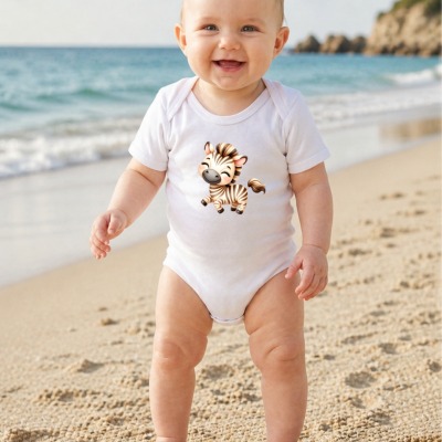 Bebé com body branco e estampa de zebra sorridente na praia
