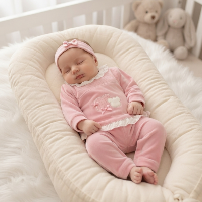 Bebé a dormir em almofada de apoio bege num berço com peluches