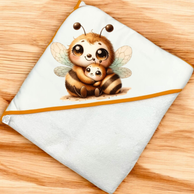 Toalha de banho branca com borda laranja e abelhas desenhadas