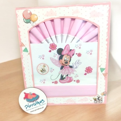 Jogo de lençóis rosa com estampa da Minnie Mouse em embalagem decorada