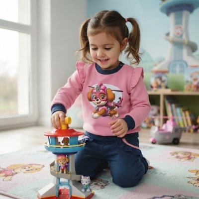 Menina a brincar com brinquedo de torre e figuras de cães numa sala com tapete e camisola rosa com cão animado.