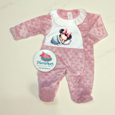 Macacão de bebé rosa com Minnie a dormir e gola branca