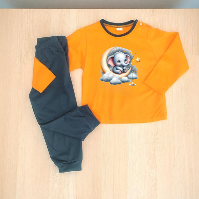 Conjunto infantil laranja e preto com elefante e lua