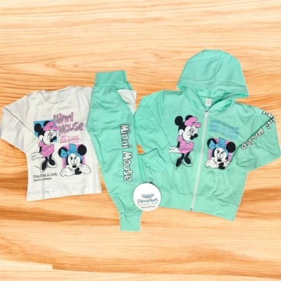 Conjunto infantil Minnie Mouse com t-shirt branca de manga comprida, calças e casaco verde água com estampados coloridos