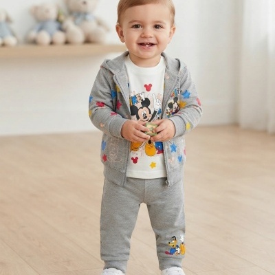 Criança vestindo conjunto cinzento com estampas da Disney, em ambiente interior com chão claro e ursos de pelúcia desfocados ao fundo