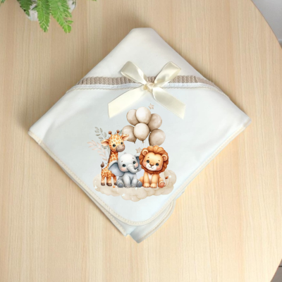Toalha de banho para bebé branca com bordado de animais e balões pastel