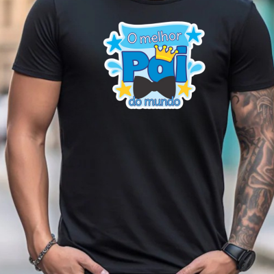T-shirt preta com estampado colorido e texto 'O melhor Pai do mundo'