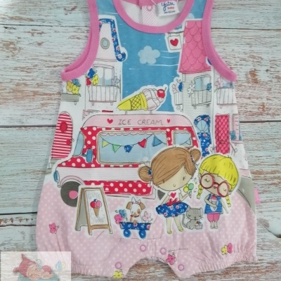 Macacão de bebé com estampado colorido de carrinha de gelados e crianças, em azul, rosa e vermelho