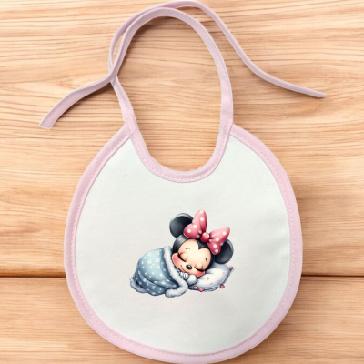 Babete para bebé branco e rosa com imagem da Minnie a dormir
