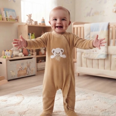 Bebé com macacão castanho claro com padrão de urso em quarto infantil