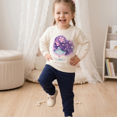 Menina sorridente com camisola creme estampada, calças azul-escuro e sapatos beges em quarto claro com chão de madeira