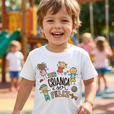 Camisola branca infantil com desenho e texto colorido