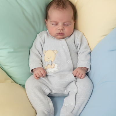 Bebé de pijama cinzento com ursinho entre almofadas coloridas