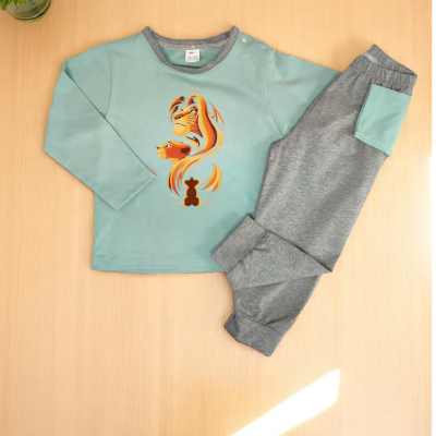 Conjunto de roupa de criança com camisola azul-pistácio e calças cinzentas sobre superfície de madeira