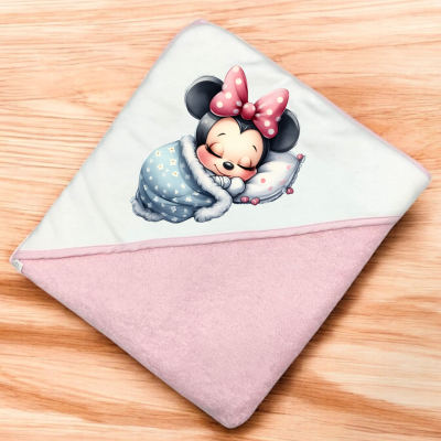 Toalha de banho infantil rosa e branca com imagem da Minnie a dormir e laço rosa
