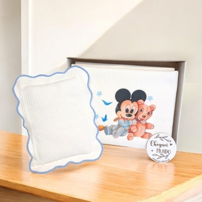 Conjunto de almofada e mantinha para bebé com desenho de rato e urso