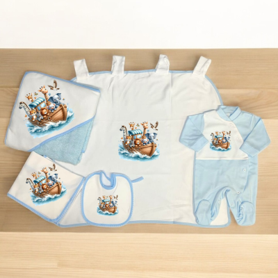 Conjunto de roupa e acessórios para bebé com estampa de barco e animais