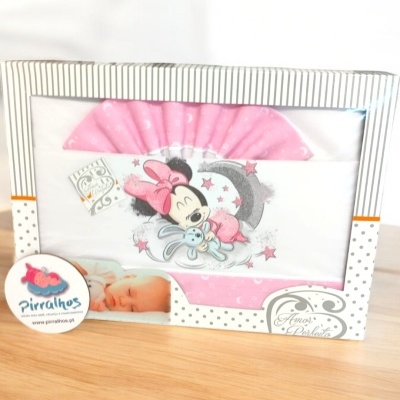 Conjunto de roupa de bebé Minnie Mouse rosa e branco em embalagem com padrão às riscas e bolinhas