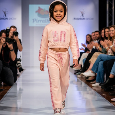 Conjunto desportivo infantil cor-de-rosa com capuz e número 50, desfilando em passerelle