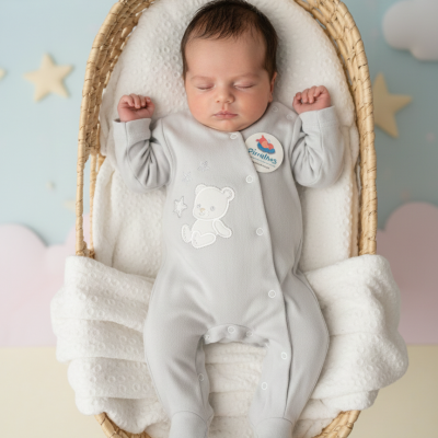 Bebé de pijama cinzento com urso bordado numa cesta de vime com manta branca e fundo azul com nuvens