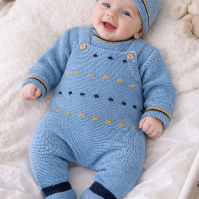 Bebé sorridente com macacão e gorro de malha azul com detalhes amarelos e azuis