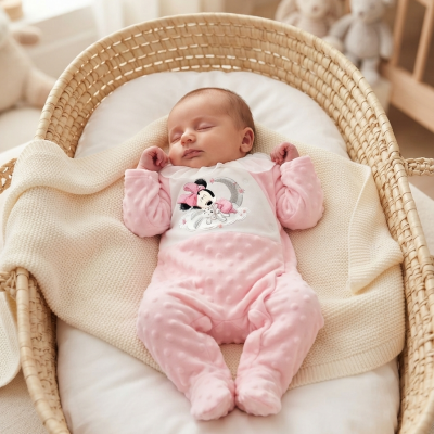 Bebé a dormir numa cesta de vime com fato rosa e branco com bordado da Minnie Mouse