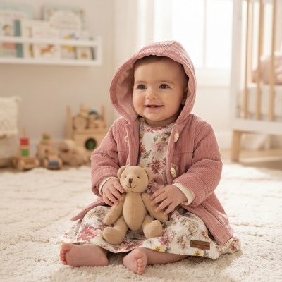 Bebé com casaco rosa e vestido floral segurando ursinho de peluche